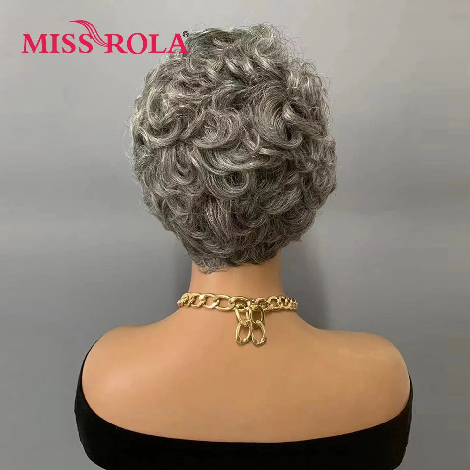 Miss Rola 100% Human Hair Wavy Pixie Cut Wig with Gray and Black Highlights
