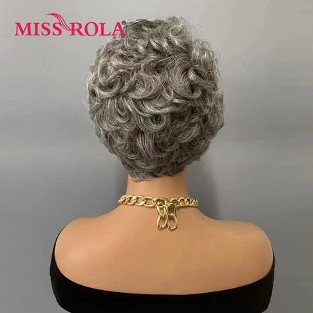 Miss Rola 100% Human Hair Wavy Pixie Cut Wig with Gray and Black Highlights