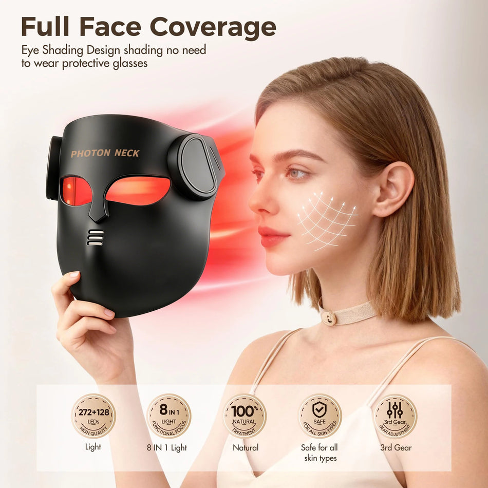 LED Rotlichttherapie-Maske mit Hals - 8-Farben-Infrarot-Gesichtsmaske gegen Akne