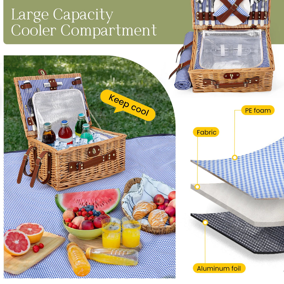 Cesta de picnic de mimbre para 4 con manta impermeable y utensilios