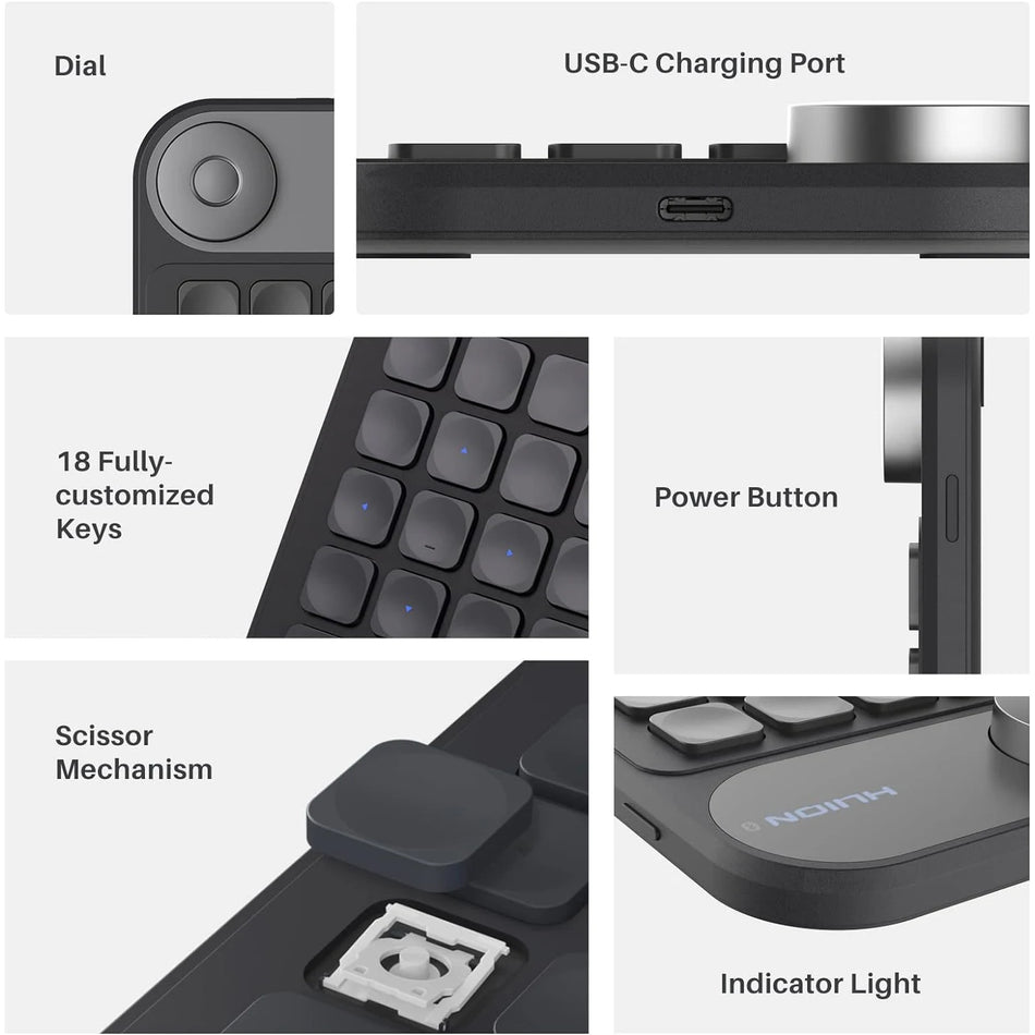 HUION Keydial Mini Bluetooth Wireless Keyboard with Dial for Drawing Tablets
