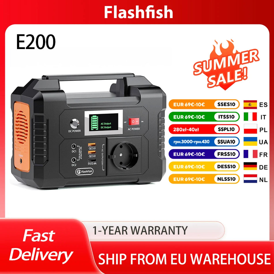 FlashFish E200 Portable Power Station 151Wh LiFePO4 Battery, 200W, AC DC USB Outputs