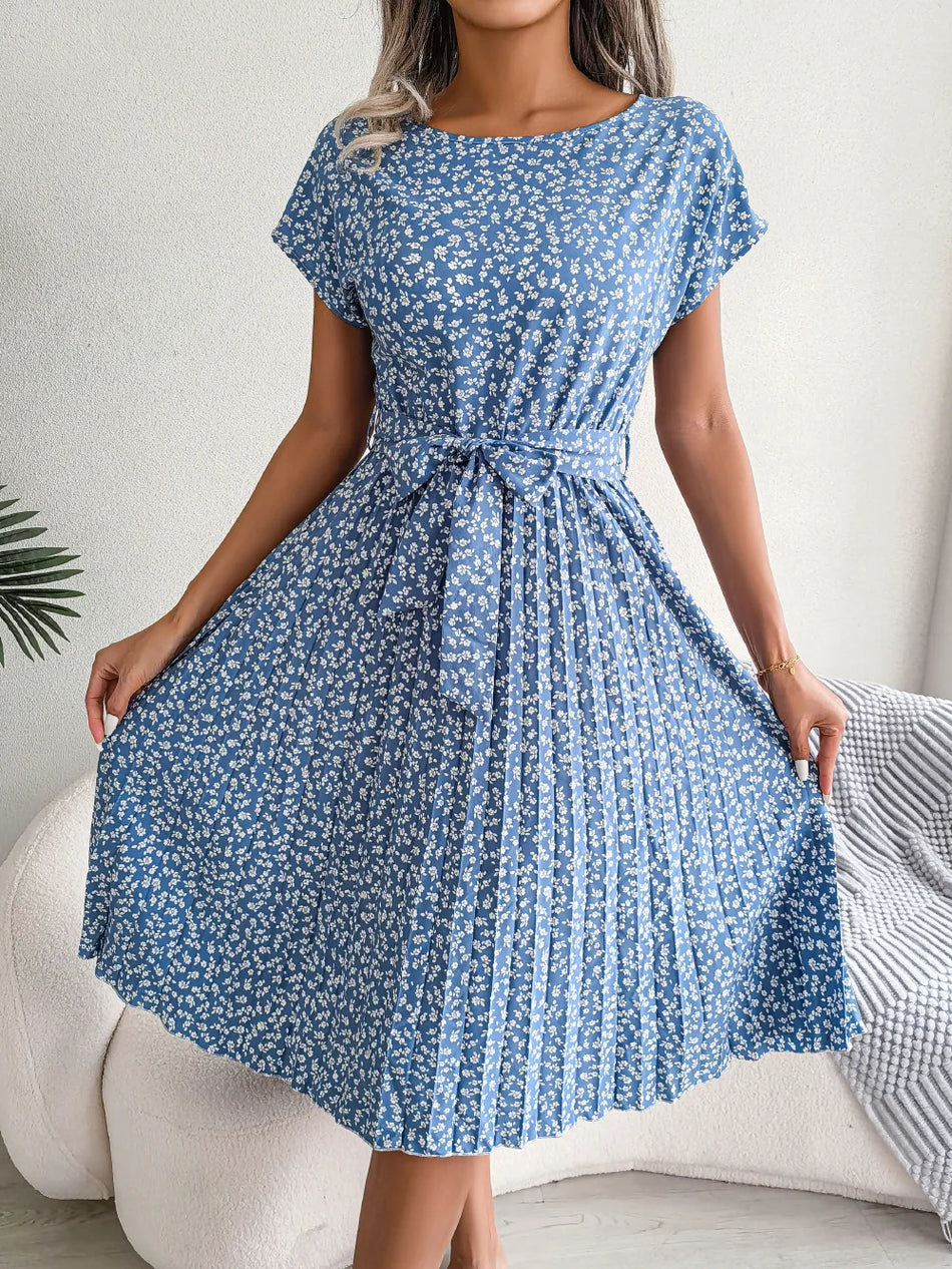 Floral Lace-Up Pleated Short Sleeve Dress for Women Blue / S