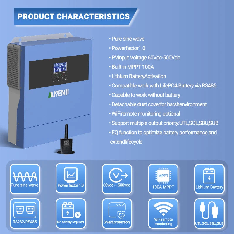 Hybrid Solar Inverter 4kW Puhtaan Sinimuotoisen Aallon kanssa WiFi, MPPT 100A, 220V Off Grid -lähtö