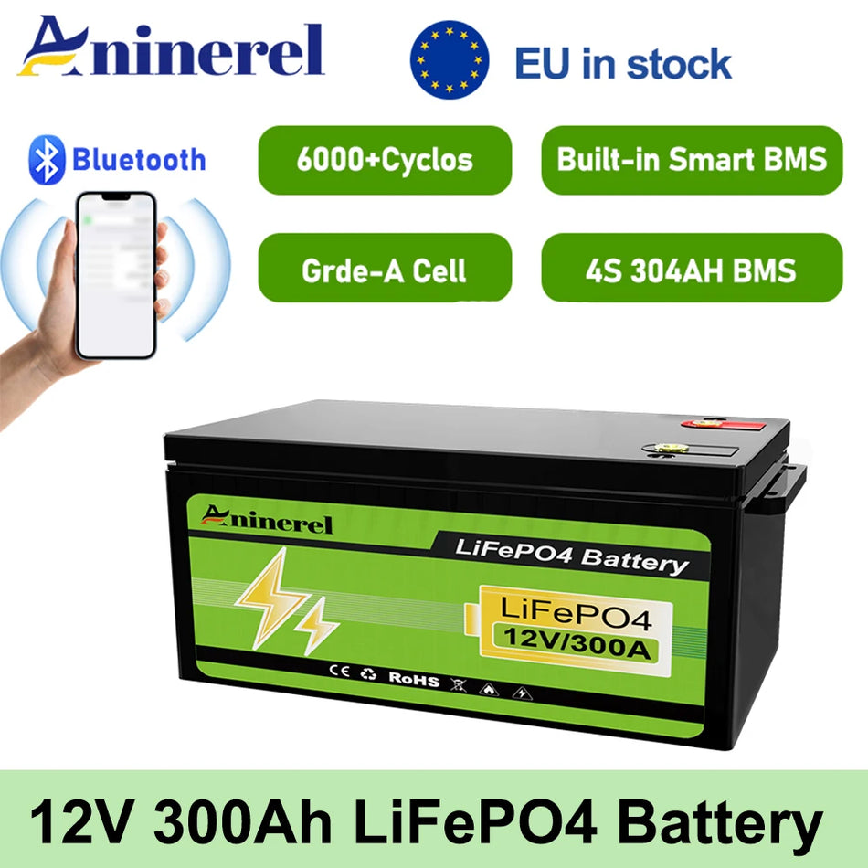 Aninerel Motorhome 12V 300Ah LiFePO4 Pil 200A BMS ile, 3840Wh Derin Döngü Off Grid Güneş Enerjisi için