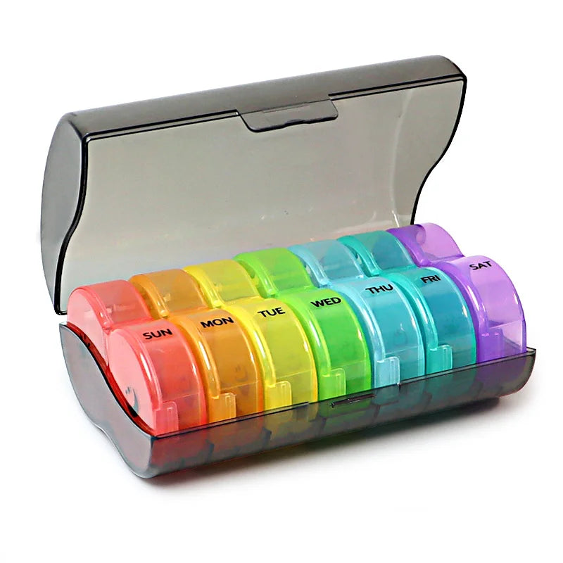 14-Compartment Weekly Pill Organizer for Vitamins, Supplements, and Medicine - BPA-Free, Multi-Purpose Travel Case Black seven color