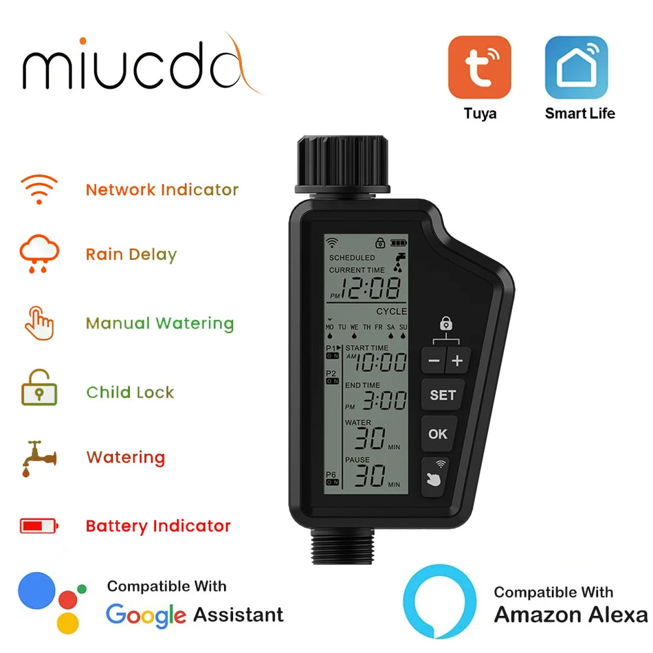 MIUCDA Tuya WIFI Smart Irrigation Water Valve Timer - Alexa &amp; Google Home Compatible