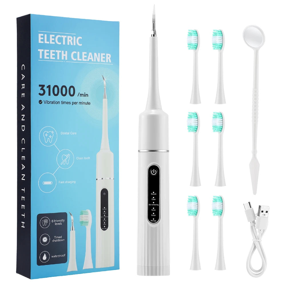 Electric Teeth Cleaner - High Frequency Cleaning Benefit 6 heads White