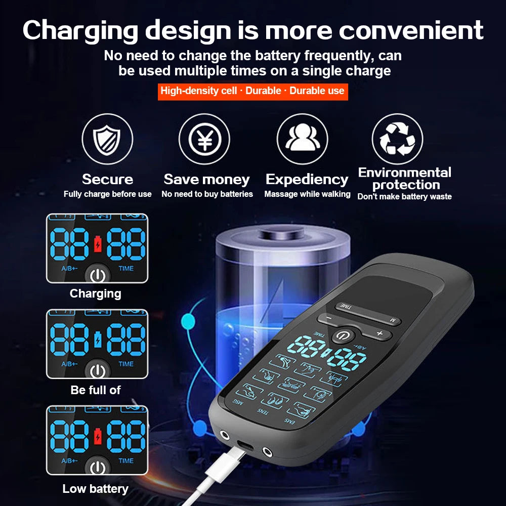 Dual Channel Electric Back Massager with 8 Reusable Pads and Digital Display