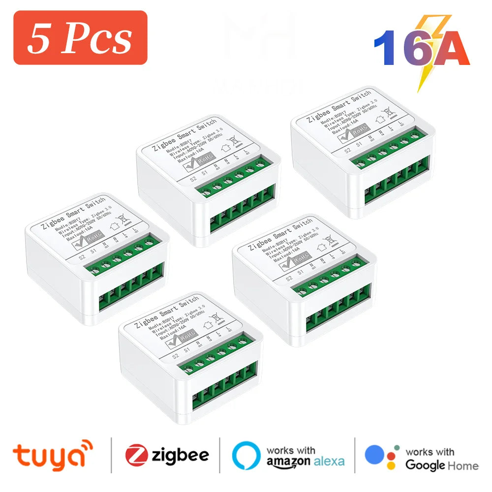 Zigbee2MQTT Zigbee3.0 Mini Smart Light Switch - 2 Way 16A Module, Google Home Compatible Zigbee 5Pcs