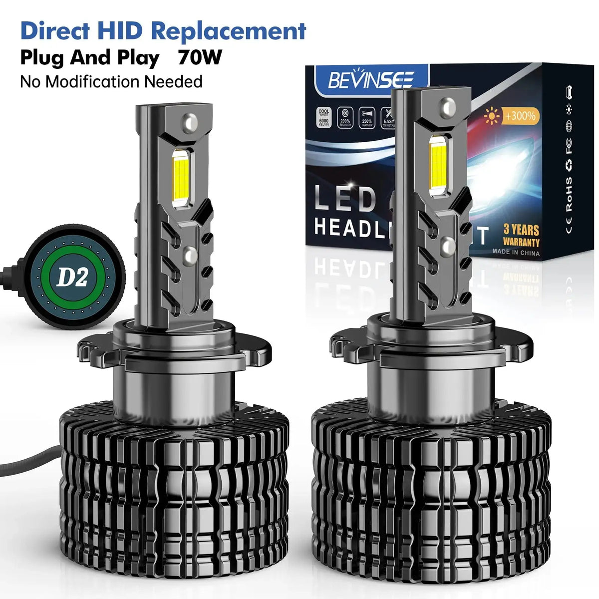 Bevinsee D2S LED Headlight Bulbs 7000LM 70W CANBUS D1S D3S D2S D2R / 6000K Cold White / CHINA