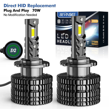 Bevinsee D2S LED Headlight Bulbs 7000LM 70W CANBUS D1S D3S D2S D2R / 6000K Cold White / CHINA