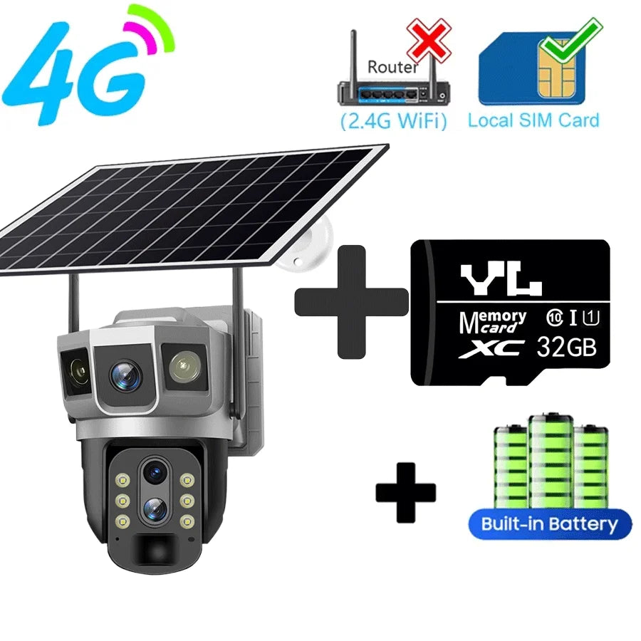 3 Lens 12MP 4G Solar CCTV Camera IP Wireless Smart Home Security Video Surveillance Solar Power Built in Battery Outdoor IP Cam 4G Cam Add 32G Card
