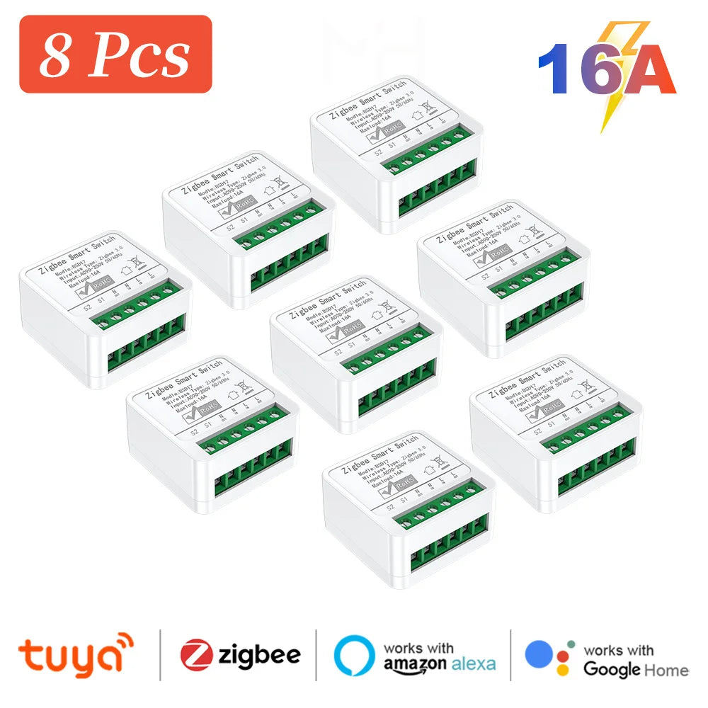 Zigbee2MQTT Zigbee3.0 Mini Smart Light Switch - 2 Way 16A Module, Google Home Compatible Zigbee 8Pcs