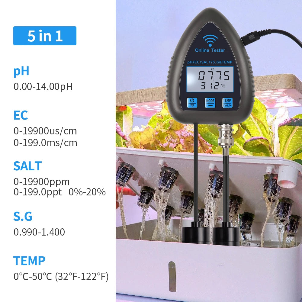 Tuya WiFi 5 In 1 TDS EC Salt SG Temp PH Meter &ndash; App Control PH EC SALT S.G TEMP