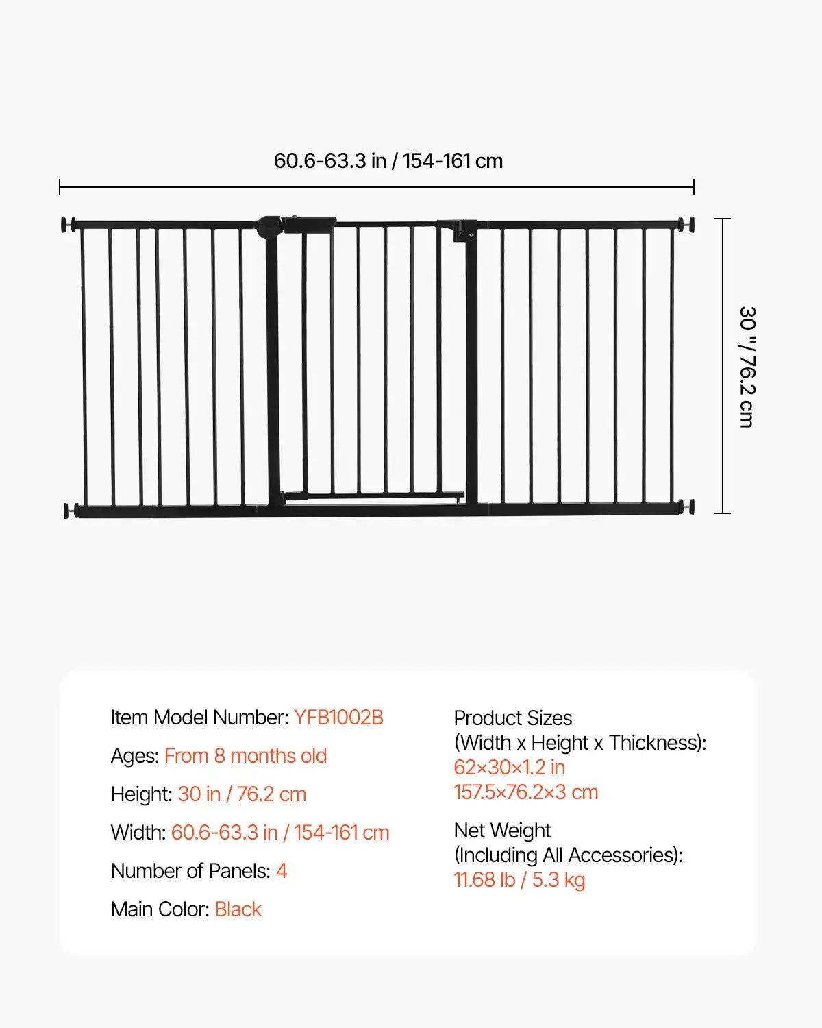 Baby Gate 28 30 36 Inches High &ndash; No Drill Design B60.6-63.3in 30inH / CZECH REPUBLIC