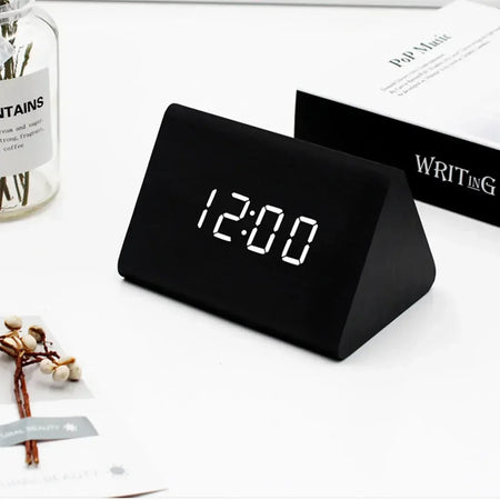 Sleek Wooden Digital Alarm Clock with Voice Control and USB Charging Black Triangle