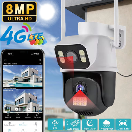 4K 8MP 4G SIM IP Camera Dual Lens Outdoor Waterproof 360&deg; Human Detect Video Surveillance Security  CCTV Protection PTZ Cameras