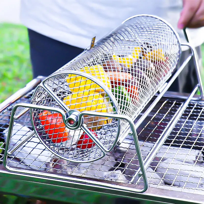 Stainless Steel Rolling BBQ Grill Basket &ndash; Versatile Rotisserie Tool