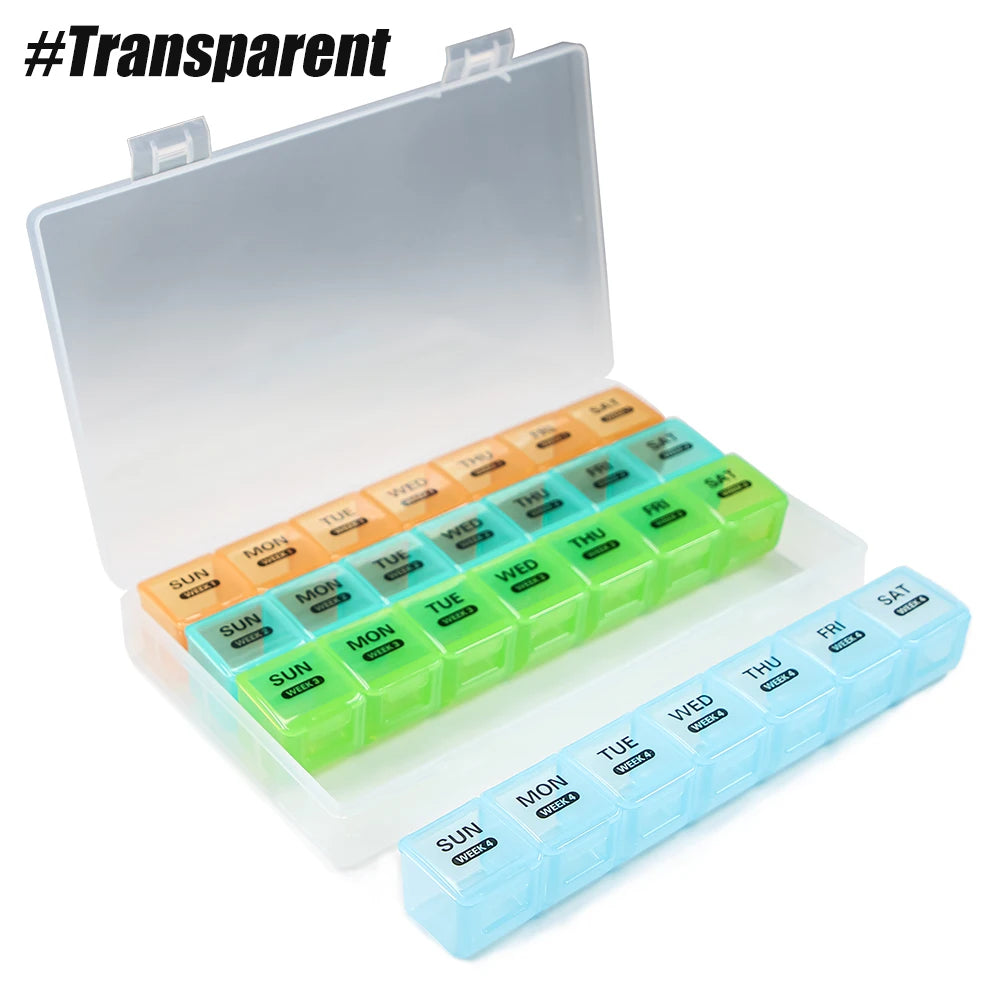Monthly Pill Organizer with Moisture-Proof 4 Weeks Compartments, Ideal for Vitamins &amp; Supplements Management Transparent