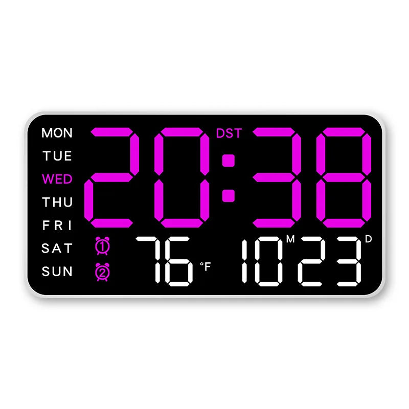 Large LED Digital Wall Clock with Remote Control, Temperature &amp; Date Display White-purple