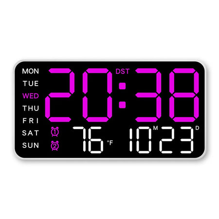 Large LED Digital Wall Clock with Remote Control, Temperature &amp; Date Display White-purple
