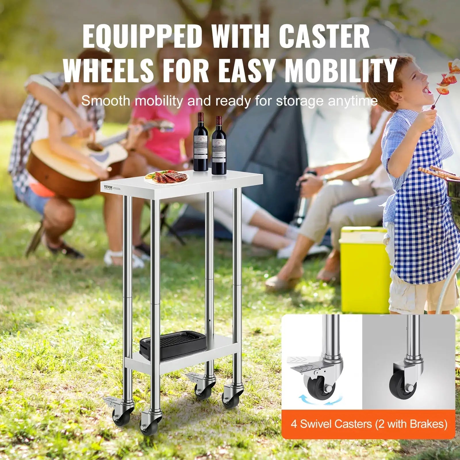 Stainless Steel Work Table Four Wheels 500 Lbs Load