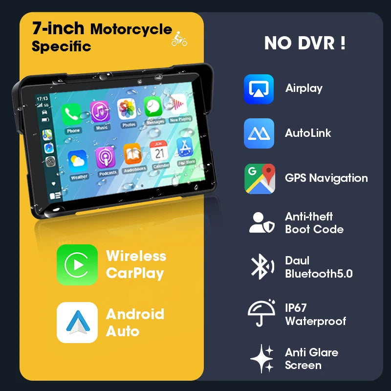 Vtopek 7 Inch Motorcycle DVR GPS Navigation &ndash; IPX7 Waterproof Wireless CarPlay and Android Auto 7inch Screen / 64G