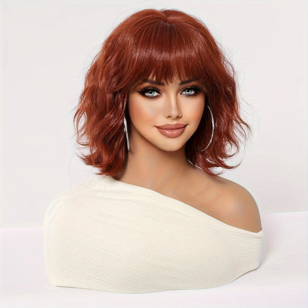 ALAN EATON Auburn Short Wavy Wig with Bangs - Heat Resistant Red Brown Hair for Cosplay and Parties