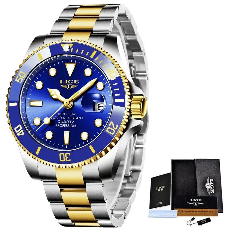 LIGE Luxury Fashion Diver Watch Men &ndash; 30ATM Waterproof Date gold blue