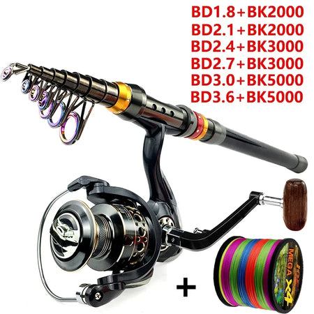 Carbon Fiber Spinning Fishing Rod and Reel Combo - 1.8-3.6m, 5.2:1 Gear Ratio, Perfect for Bass and Carp Fishing With Reel Set / 1.8 m