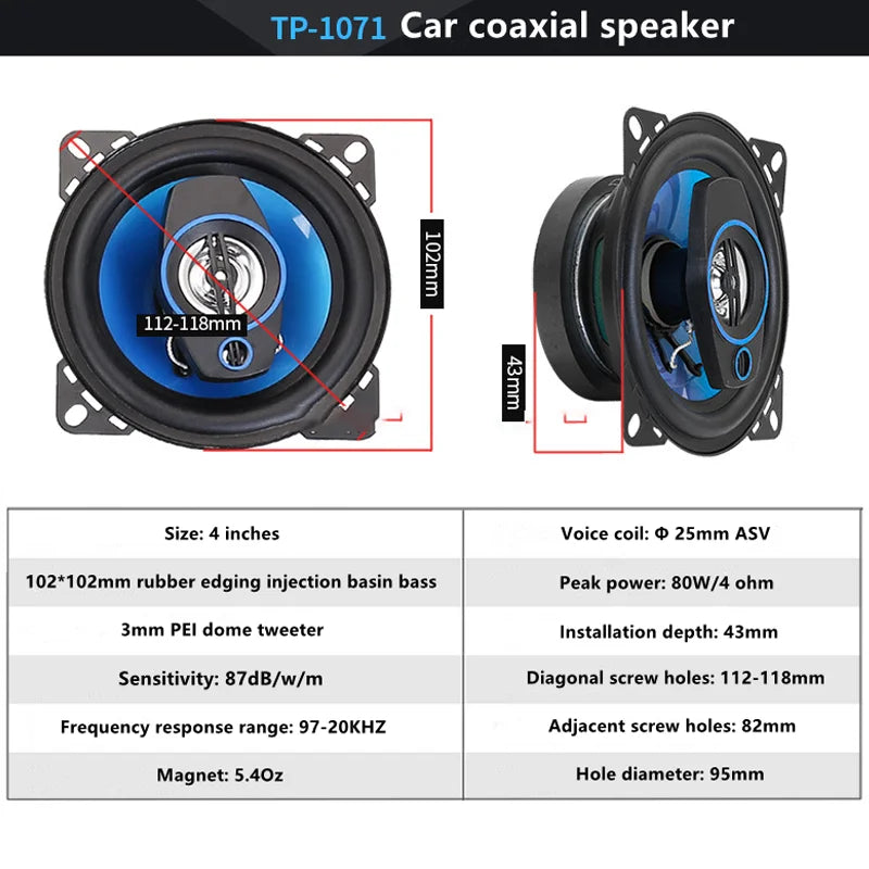 Universele Autospeakers HiFi Coaxiaal, 4 Ohm, 12V, Volledig Bereik