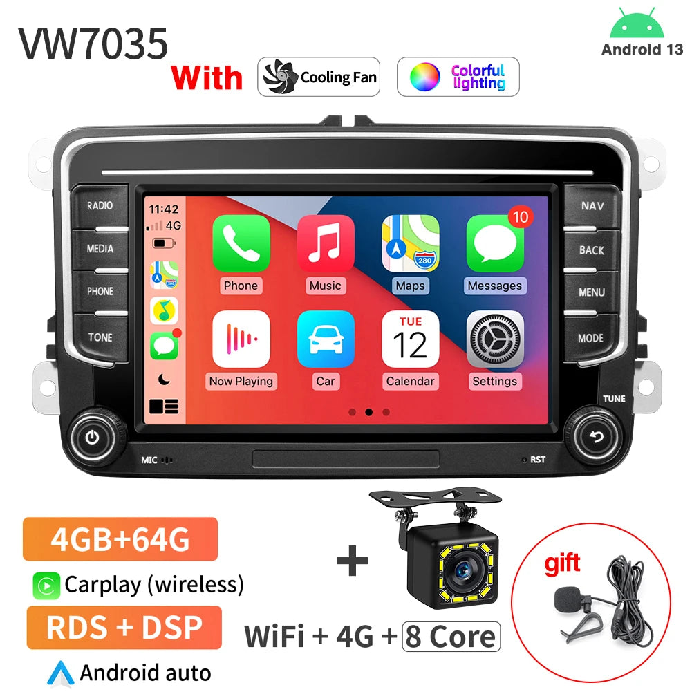 7Inch Car Radio VW Passat Tiguan GOLF - CarPlay GPS 4 64G 12LED