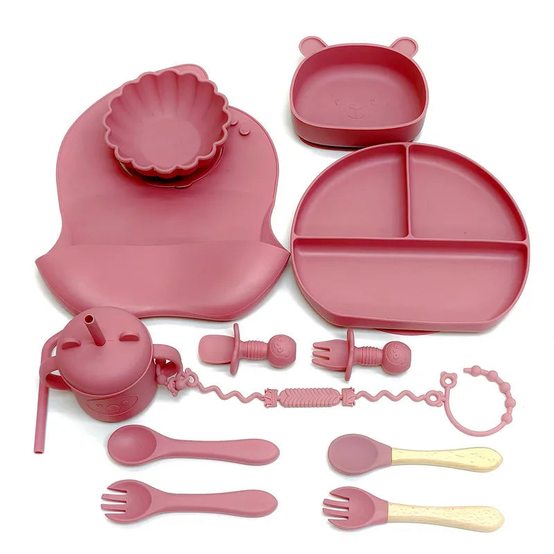 CZSAE Children's Silicone Tableware Set &ndash; Safe and Drop-Proof Design burgundy