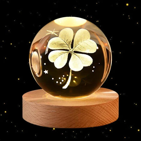 6cm 3D Crystal Ball &ndash; Wooden Base And Planet Earth Display Four-Leaf Clover