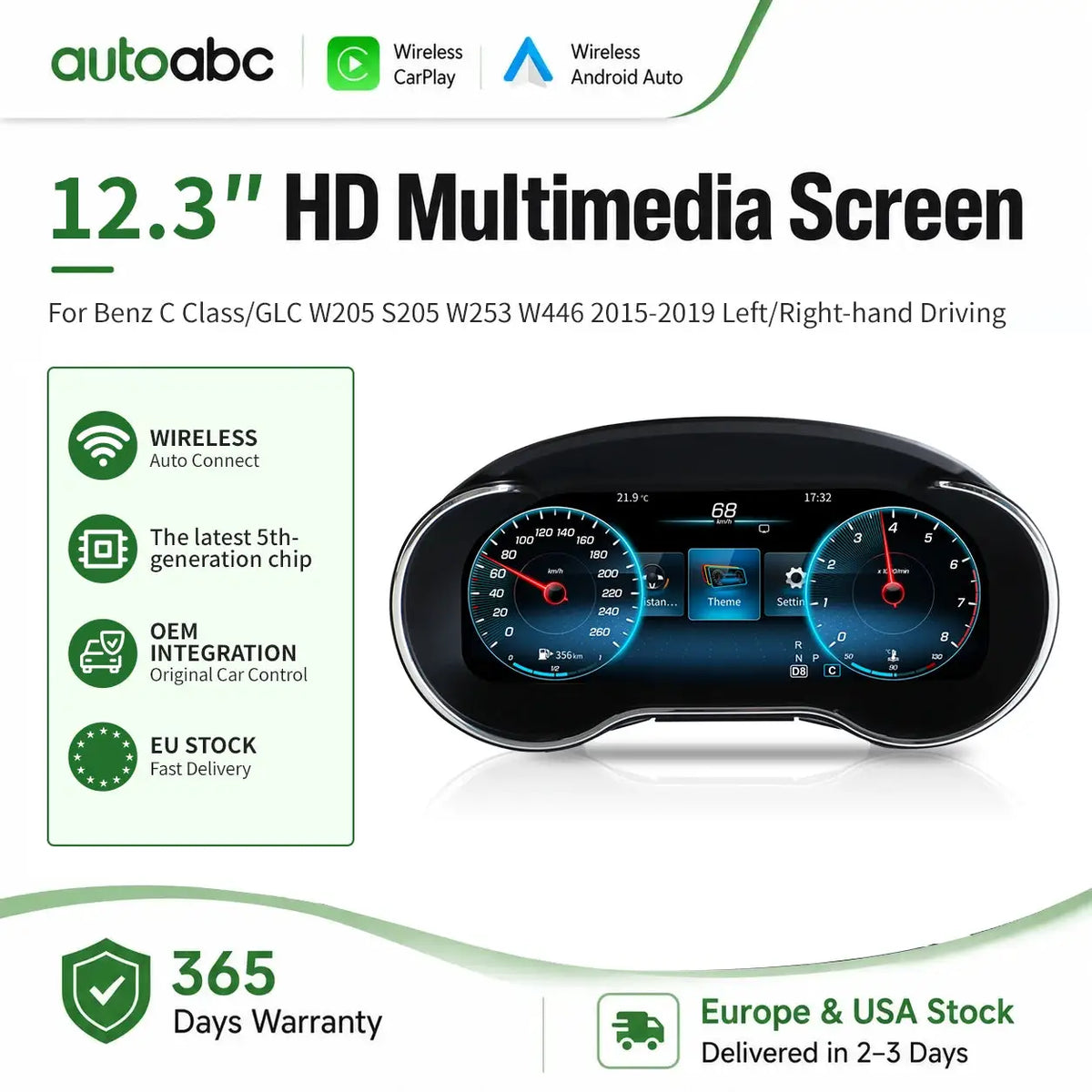 12.3 "LCD Digital Dashboard Cluster Wireless CarPlay Android Auto For Mercedes Benz C/GLC W205 S205 W253 2015-2020 With HDMI BT by InterCyprus Trading Ltd