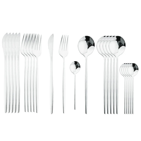 KNGZI 24Pcs Black Handle Golden Cutlery Set &ndash; Elegant Stainless Steel Flatware for Any Occasion Silver