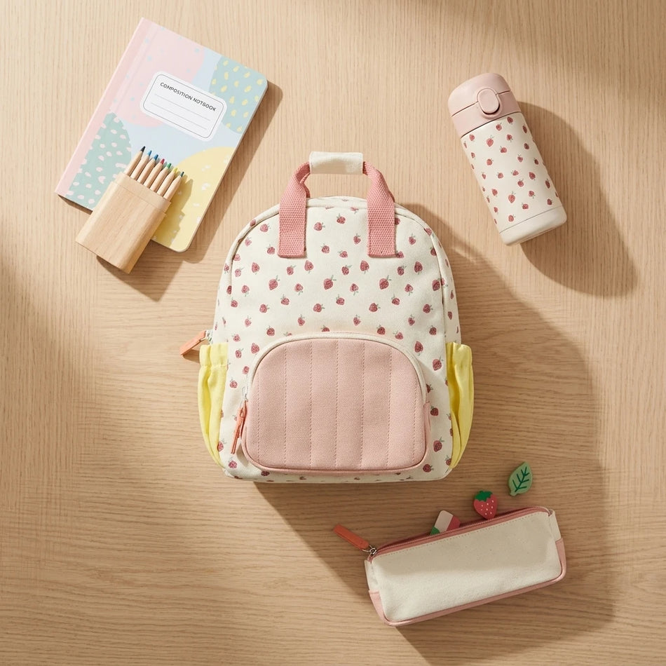 Sac à dos en toile pour enfants avec broderie premium de fraise Dopamine