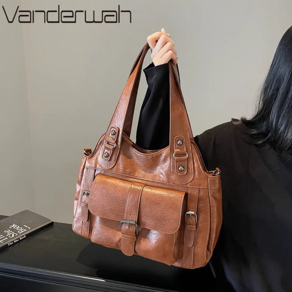 Vintage měkká kožená taška přes rameno pro ženy, crossbody tote kabelka, cestovní messenger