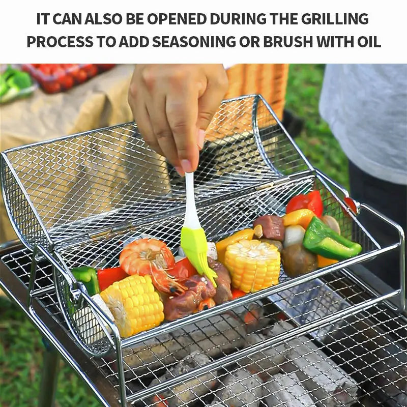 Stainless Steel Rolling BBQ Grill Basket &ndash; Versatile Rotisserie Tool