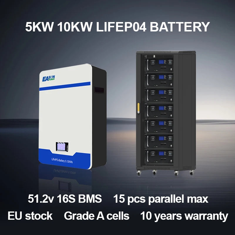 EASUN LiFePO4 Powerwall baterie 5.12kWh, 58.4V 100A, 16s 15p, 6000+ cyklů, RS485 CAN BMS