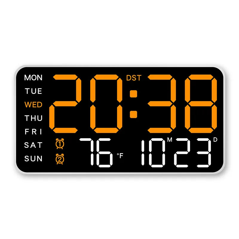 Large LED Digital Wall Clock with Remote Control, Temperature &amp; Date Display White-orange