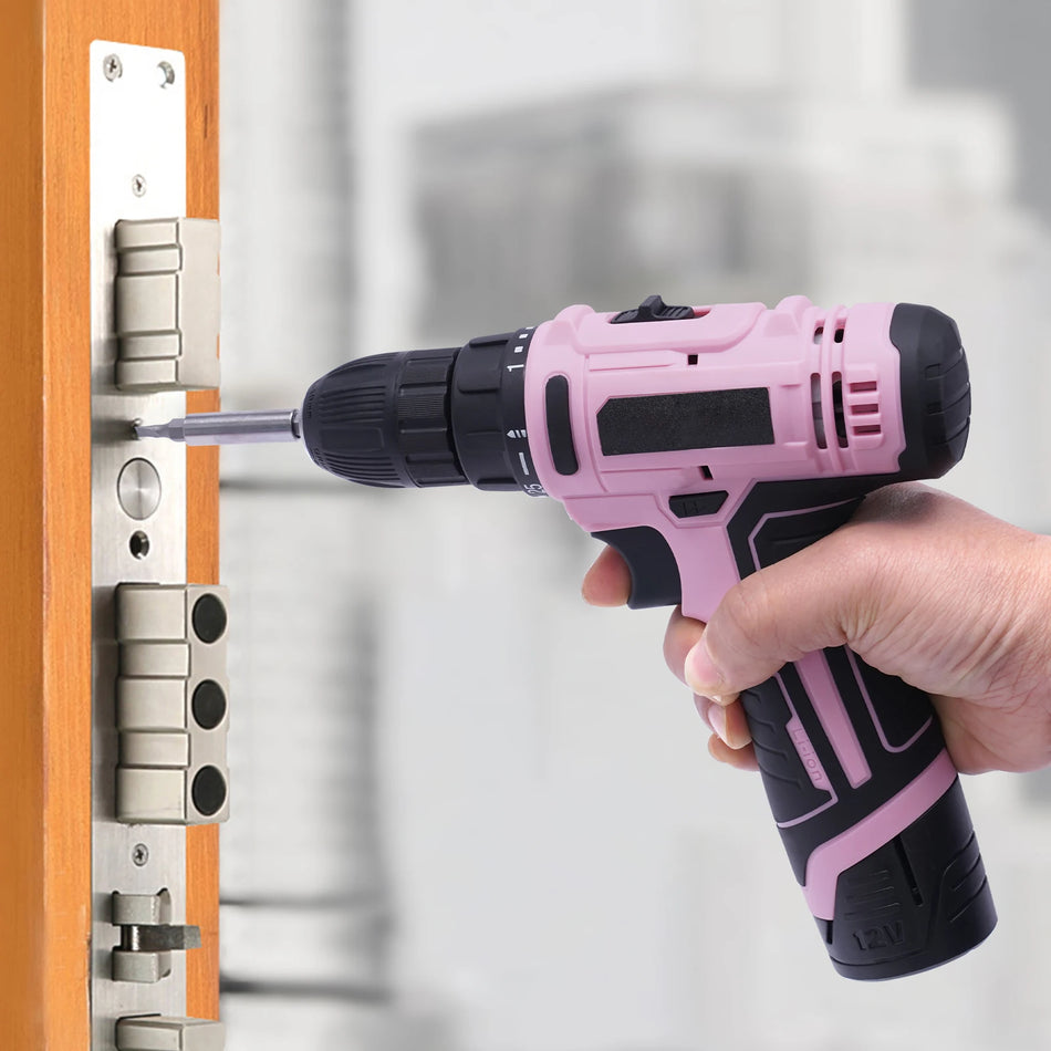 Conjunto de Furadeira Sem Fios Rosa 340W 12V 21 Peças Duas Velocidades
