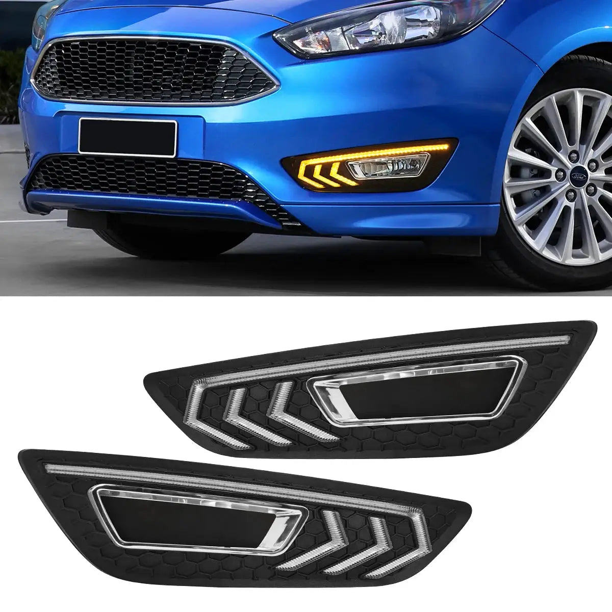 For Ford Focus DRL Led Fog Lamps Chrome Trim 2015 2016 2017 2018 Daytime Running Lights Dynamic Turn Signal White Yellow Blue by InterCyprus Trading Ltd