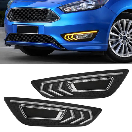 For Ford Focus DRL Led Fog Lamps Chrome Trim 2015 2016 2017 2018 Daytime Running Lights Dynamic Turn Signal White Yellow Blue by InterCyprus Trading Ltd