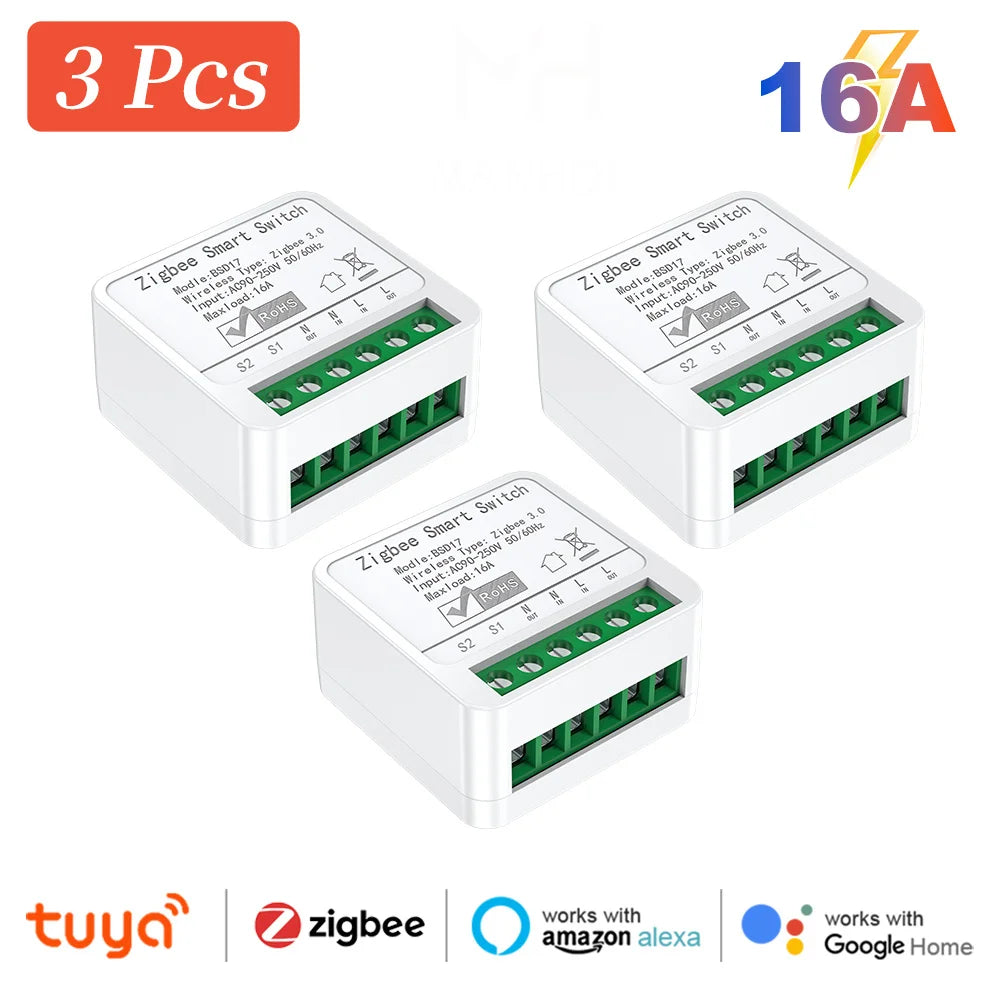 Zigbee2MQTT Zigbee3.0 Mini Smart Light Switch - 2 Way 16A Module, Google Home Compatible Zigbee 3Pcs