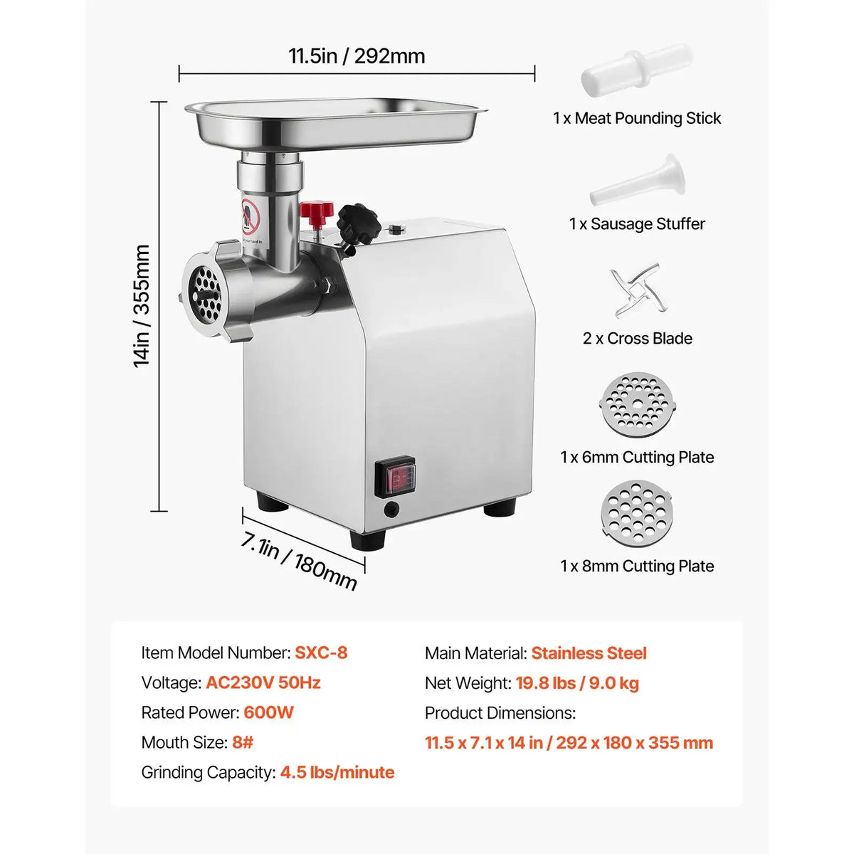 Stainless Electric Meat Grinder Sausage Stuffer 4.5lbs 8size / GERMANY