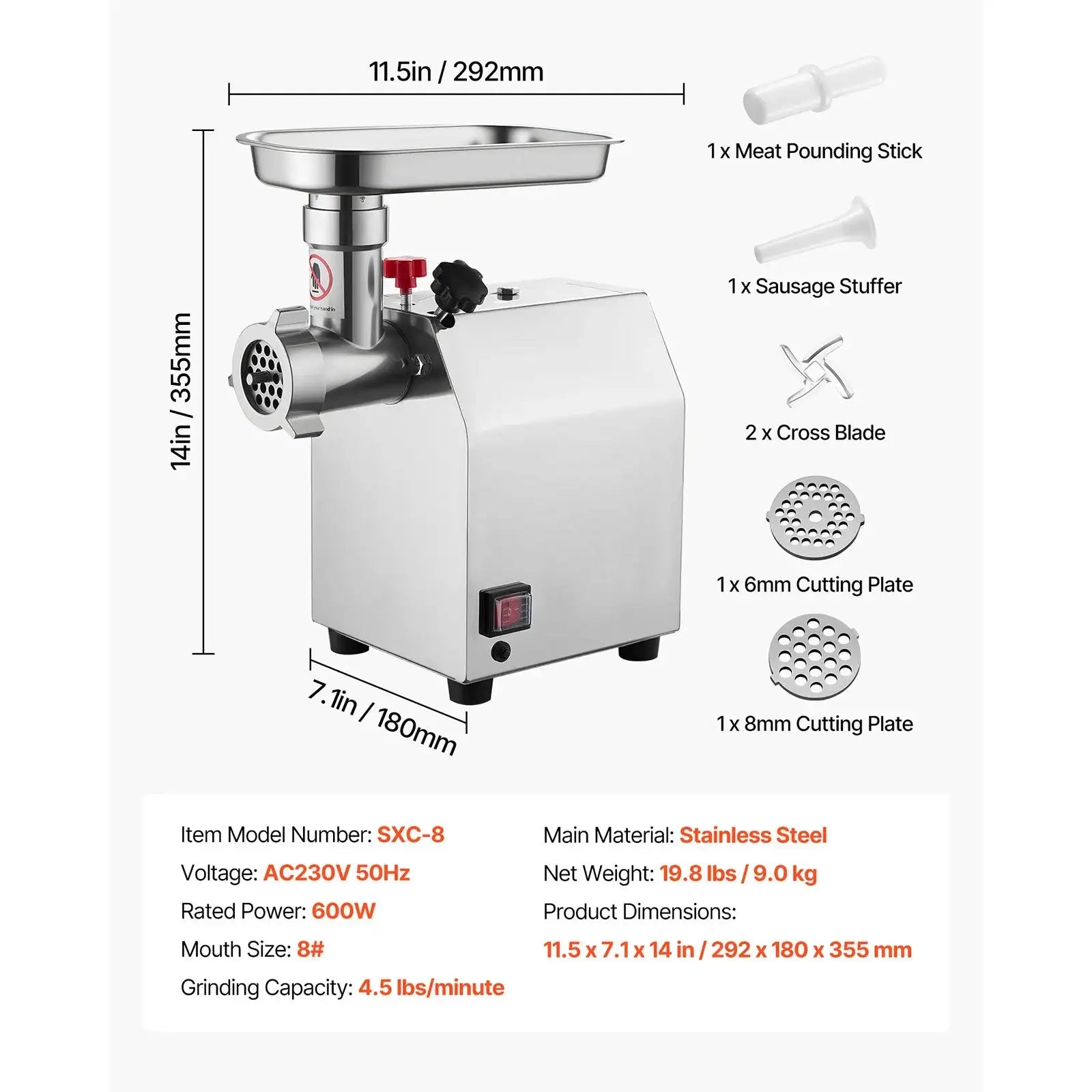Stainless Electric Meat Grinder Sausage Stuffer 4.5lbs 8size / GERMANY
