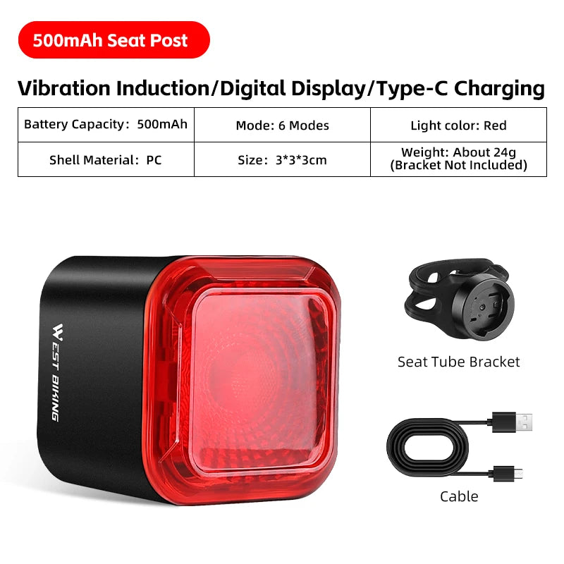WEST BIKING Smart Brake Sensing Bicycle Taillight with Digital Power Display 500mAh Seat Post