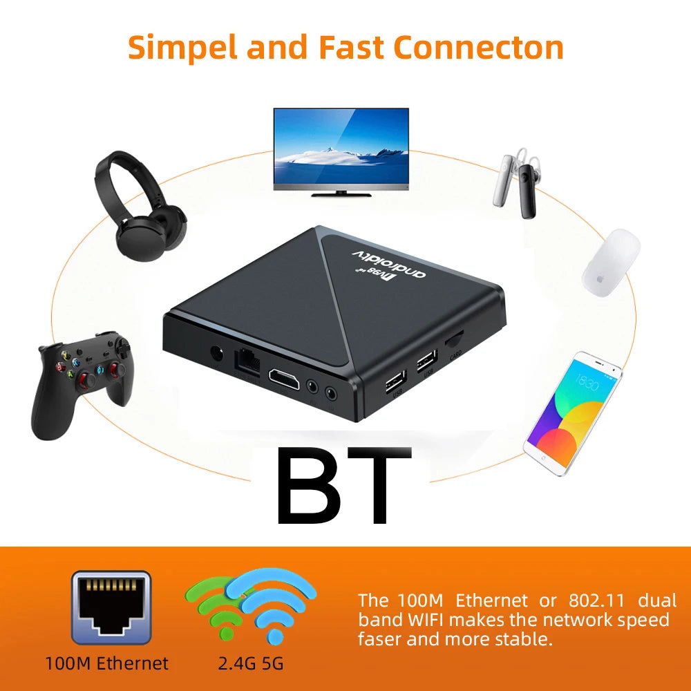 MYSTB Android 14 8K Quad Core Smart TV Box with Voice Remote and Dual Wifi